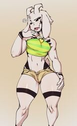 1boy 2d anthro anthro_male anthro_only asriel_dreemurr asriel_dreemurr_(god_form) avante92 boss_monster bovid bulge caprine clothed clothing femboy fur furry furry_male furry_only hand_on_thigh hi_res humanoid humanoid_male humanoid_only ineffective_clothing jewelry large_hips large_thighs looking_at_viewer male male_only mammal mammal_humanoid navel necklace open_mouth short_shorts simple_background sleeveless small_shirt small_tail solo striped_outwear thick_thighs undertale undertale_(series) video_games white_fur