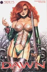 1girls arm_sleeves big_breasts black_eyebrows black_stockings breasts busty chains choker cleavage collarbone color comic_cover corset cry_for_dawn curvaceous curvy dawn_(comics) earrings eyebrows eyebrows_behind_hair eyeshadow female female_only fingerless_arm_sleeves garter_straps goddess green_choker green_corset green_eyes green_eyeshadow green_garter_straps green_panties green_sleeves hair_over_one_eye highleg highleg_panties holding_sword holding_weapon hoop_earrings joseph_michael_linsner large_breasts makeup mascara mascara_tears mound_of_venus nail_polish o-ring o-ring_choker panties pinup promotional_artwork red_hair red_lips red_lipstick red_nail_polish red_nails red_rose rose sirius_entertainment skull_print sleeves snapping_fingers solo stockings sword text thick_thighs thighs thighs_together thorns voluptuous voluptuous_female weapon white_corset zipper zipper_panties