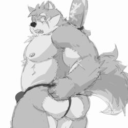 1:1 animated ass belly blush canid canine canis clothing domestic_dog erection fundoshi furry japanese_clothing male male_only mammal melee_weapon moritaka nipples pecs scar slightly_chubby sword tenting throbbing tokyo_afterschool_summoners underwear video_games weapon yunukopi