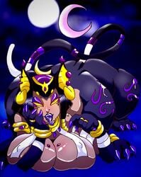 bbw big_ass big_breasts black_hair black_lipstick cat_ears cat_tail catgirl claws dark_skin egyptian furry jewelry long_tongue looking_at_viewer makeup monster_girl night pierced_nipples piercing sphinx tattoo zemoru01