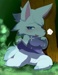 <3 <3_eyes ... animal_crossing anthro arctic_wolf blue_eyes blush bodily_fluids bottomless breasts canid canine canis clothed clothing dress fdokkaku female fur furry furry_only genital_fluids grass heart hi_res kemono looking_at_viewer mammal nintendo open_mouth outside plant pussy pussy_juice raised_clothing raised_dress shade shrub sitting smile solo speech_bubble tail topwear tree video_games white_fur whitney_(animal_crossing) wolf