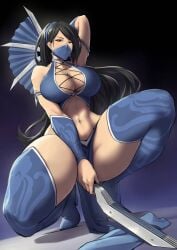 2d bangs bare_shoulders big_breasts black_eyes black_hair blue_background blue_footwear blue_thighhighs boots breasts brown_eyes cleavage cleavage_cutout covered_mouth dual_wielding earrings elbow_gloves fans female gloves hand_fan highleg holding holding_weapon japanese_clothes jewelry kitana kitana_(mk9) large_breasts long_hair looking_at_viewer looking_back mask mortal_kombat mortal_kombat_(2011) mouth_mask netherrealm_studios ninja ninja_mask packge pelvic_curtain shiny_skin silver_trim simple_background solo solo_female solo_focus squatting thick thick_legs thick_thighs thigh_boots thighs tiara vambraces voluptuous voluptuous_female weapon wide_hips