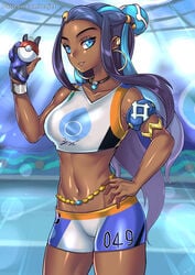 1girls abs armlet bare_arms bare_legs bare_shoulders bike_shorts black_hair blue_eyes blue_hair bracelet breasts dark_skin earrings female female_only gloves grin gym_leader hair_ornament hand_on_hip hand_up holding holding_poke_ball hoop_earrings human human_only indoors jewelry large_breasts legs long_hair looking_at_viewer midriff multicolored multicolored_gloves multicolored_hair navel neck necklace nessa_(pokemon) nintendo parted_lips poke_ball pokemon pokemon_ss redjet short_shorts shorts single_glove sleeveless smile solo sportswear standing two_tone_hair