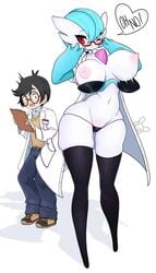 1boy 1girls alternate_color big_breasts breasts breasts_out cute doctor_(cosplay) doctor_(disguise) doctor_(outfit) dr._voir english_text gardevoir nanosheep niucniuc original_character pokémon_(species) pokemon pokemon_(species) pokemon_rse professor_(cosplay) red_eyes shiny_gardevoir shiny_pokemon skindentation text