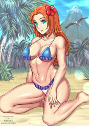 1girls beach big_breasts bikini blue_bikini blue_eyes blue_swimsuit breasts cleavage female female_focus female_only flower_in_hair kneeling link's_awakening long_hair looking_at_viewer marin nintendo outdoors palm_tree red_hair redjet sand seagull solo string_bikini swimsuit the_legend_of_zelda toned very_long_hair