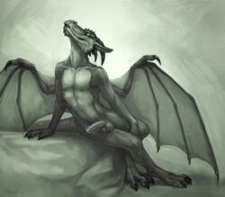 2016 abs anthro balls claws digitigrade dragon flaccid hi_res horn klongi looking_at_viewer male male_only membrane_(anatomy) membranous_wings monochrome muscular nude pecs penis reptile scalie simple_background solo teeth wings