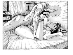 1boy 1girls ale_(ale_halexxx) bald bed bedroom bell black_hair blush book bookshelf braid female female_orgasm greyscale hair_ornament indoors jingle_bell lin_lin_(one-punch_man) looking_at_another lying missionary monochrome muscle nude on_back on_bed one-punch_man open_mouth orgasm piggy_bank rough_sex saitama saliva sex sheet_grab sketch slippers spread_legs straight sweat twin_braids vaginal_penetration