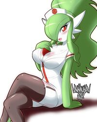 1girls alternate_hairstyle anthro anthrofied ass breasts clothed cosplay cosplay_gardevoir danmakuman female female_only gardevoir hilda_(pokemon)_(cosplay) looking_at_viewer nintendo nurse original_character pokemon pokemon_(species) pokemon_rse ponytail sitting solo