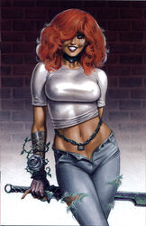 1girls belly_button big_breasts black_choker blue_flower blue_jeans blue_rose breasts brick brick_wall busty chains choker collar cry_for_dawn curvaceous curvy dawn_(comics) female female_only goddess green_eyes holding_sword jeans joseph_michael_linsner large_breasts long_hair makeup mascara mascara_tears midriff navel open_jeans pinup red_hair rose sirius_entertainment sleeves solo stomach sword tan tight_clothes tight_clothing tight_shirt toothy_grin unbuttoned unzipped voluptuous white_shirt white_top