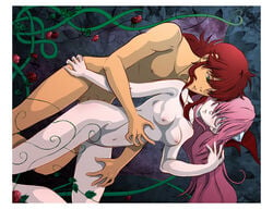 bishonen crossover elfen_lied female grabbing_another's_ass grabbing_from_behind happy_sex kurama_(yu_yu_hakusho) long_hair_male lucy_(elfen_lied) male medium_breasts rose rose_(flower) rose_petals roses ryuyujin sex smile vines yu_yu_hakusho