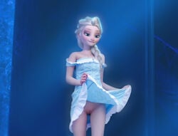 1girls 3d bare_shoulders biting_lip blonde_hair blue_eyes bottomless_skirt braid clothed clothing clothing_lift disney dress dress_lift elsa_(frozen) female female_only female_solo flat_chest frozen_(film) hairless_pussy innie_pussy lifted_by_self lip_biting long_hair naughty_face no_panties panties_removed presenting presenting_pussy pussy rastifan skirt skirt_lift solo solo_female standing thighs upskirt