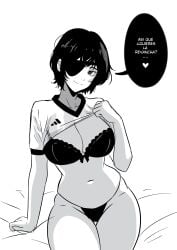 adidas adidas_logo argentina bichampions_of_america big_breasts bra chainsaw_man child_bearing_hips clothed conmebol copa_america copa_america_2024 dialogue eyepatch female football_uniform gato_gratam himeno_(chainsaw_man) lingerie looking_at_viewer navel on_bed panties seductive seductive_smile shirt shirt_lift short_hair sitting_on_bed skindentation smile smiling soccer soccer_uniform spanish_text speech_bubble spoken_heart talking_to_viewer thighs thong tomboy translated