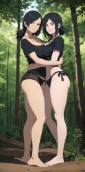 2girls ai_generated artist_name artist_request black_hair black_shirt conniexx fit_female forest green_eyes hugging lingerie medium_breasts necklace shirt sisters slim_thick smile stable_diffusion