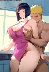 1boy 1girls ai_assisted ai_generated apron apron_only big_ass big_breasts blush breasts erotic_nansensu fit_male groping groping_breasts husband_and_wife hyuuga_hinata married_couple naruto sexual_consent short_hair smile smirk thick_thighs uzumaki_naruto