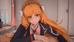 1boy 1girls clothed_female cum cum_on_face cumshot cumshot_on_face green_eyes handjob ishmael_(limbus_company) koikatsu limbus_company lune_(artist) orange_hair pov project_moon