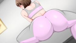 anxious ass ass_focus azienda back blush blush brown_hair brunette_hair glasses green_eyes gym gym_clothes legs_apart looking_at_viewer looking_back squatting thighs