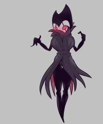 1girls 2019 big_breasts black_body black_skin breasts cloak female female_only glowing_eyes grey_cloak grimm_(hollow_knight) hollow_knight kalmlyhere large_breasts partially_clothed red_eyes rule_63 solo thick_thighs thighs