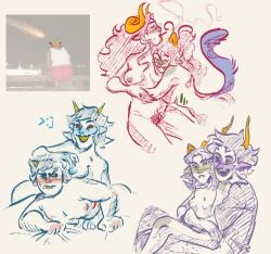 1boy 1boy1girl 1girls 2girls aradia_megido canon_couple color colored colored_sketch crackship female female_focus gamzee_makara greeneryandcacti heterosexual homestuck karkat_vantas male nepeta_leijon partially_colored sketch sketch_page sketchy straight terezi_pyrope yuri