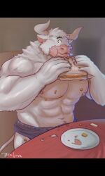 1male bara barazoku bovine eating_food gay huge_pecs muscular plate startled table toragoru unknown_source