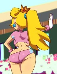 1girls ass big_ass big_breasts blonde_hair breasts bubble_butt canonical_scene clothing crown dat_ass fat_ass female female_only huge_ass jersey large_ass mario_(series) mario_strikers mario_strikers_peach_back_view_redraw_(meme) monamania pink_shorts princess_peach rear_view shorts solo sportswear thick_ass thick_thighs underboob wide_hips