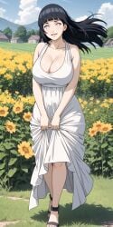 1girls ai_generated bangs black_hair busty cleavage clouds female hi_res highres hyuuga_hinata hyuuga_hinata long_hair naruto naruto_(series) naruto_shippuden outdoors pixai sandals smile solo standing white_dress white_eyes yellow_flowers