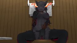 3d black_fur black_hair blender breasts female fingering gypsybard_(artist) hellhound hellhound_(monster_girl_encyclopedia) legs_spread masturbation red_eyes sauna tail