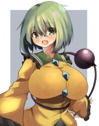 1girls big_breasts blush breasts clothes clothing female_only green_eyes green_hair koishi_komeiji light-skinned_female looking_at_viewer simple_background solo spy_artservice tagme touhou