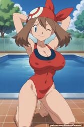 ai_generated aindroidparanoid bandana big_ass big_breasts big_butt blue_eyes breasts brown_hair female game_freak hourglass_figure huge_breasts kneeling large_ass large_breasts large_butt may_(pokemon) narrow_waist nintendo one_piece_swimsuit outside pokegirl pokemon pokemon_ruby_sapphire_&_emerald pool short_hair stable_diffusion swimsuit wide_hips