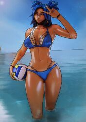 3d beach bikini blue_hair breasts dark-skinned_female dark_skin female neon_(valorant) peace_sign sfrinzy solo solo_female tagme valorant yellow_eyes yellow_hair