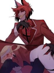 1boy alastor_(hazbin_hotel) black_hair blush bottomless charlie_morningstar_(hazbin_hotel) colored_skin commentary evil_grin evil_smile female fingering formal full-face_blush grabbing_another's_ass grin groping hazbin_hotel head_rest highres long_hair lying lying_on_lap mooumao mouth_hold multicolored_hair on_stomach pussy_juice red_eyes red_hair short_hair simple_background sitting smile straight suit symbol-only_commentary under_the_table utensil_in_mouth white_background white_skin