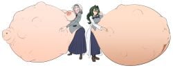 2girls anna_nishikinomiya big_breasts blush breasts fetal_movement fuwa_hyouka gray_hair green_hair huge_breasts hyper hyper_pregnancy marrazan nipples outie_navel pregnant ready_to_pop shimoneta_to_iu_gainen_ga_sonzai_shinai_taikutsu_na_sekai