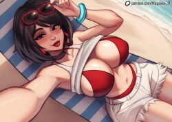 1girls beach beach_chair big_breasts bikini bikini_bottom black_hair choker cleavage earrings evie_(fortnite) eyewear_on_head fortnite fortnite:_battle_royale hairclip hoop_earrings large_breasts laying_down lifting_shirt lowered_pants magaska19 navel nipples partially_clothed red_bikini red_bikini_bottom short_hair solo solo_female sunbathing sunglasses swimsuit thick_thighs thighs watermark