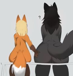 2girls ass black_fur fox furry furry_ass furry_ears furry_female furry_only furry_tail jenna_(daukus) lichee lucy_(daukus) orange_fur sitting touching_ass