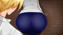 1boy 1girls ass ass_focus azienda bending_down bending_over blonde_hair cg cg_art chalk clothed looking_down shirt skirt sophie_page zack_evans