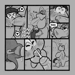 anthro balls big_breasts birdo blush bodily_fluids breasts comic cum cum_in_mouth cum_inside degooed duo female genital_fluids genitals goombette_(concept_art) gynomorph hi_res huge_breasts intersex intersex/female mario_(series) nintendo nipples nude oral penis saliva tagme