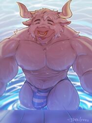 bara barazoku bovine bulge coming_out_of_water gay highres horns huge_pecs muscular nose_piercing pool smiling toragoru unknown_source wet