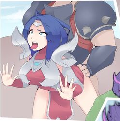 1boy 1girls against_fourth_wall against_glass ahe_gao ass_grab bent_over blue_eyes blue_hair darius_(league_of_legends) doggy_style from_behind hand_on_glass hotvr irelia_xan league_of_legends rape sex tongue_out