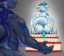 anthro anus ass birthday cake candle cryozen dragon feet finn_(phantomfin) food food_play gay hi_res horn kneeling looking_back muzzle_(disambiguation) open_mouth paws penis slit thejoyfuldragon tongue wings