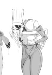 1boy 1boy1girl 1girls apron arms_behind_back black_gloves black_hair blush breasts chainsaw_man chef chef_apron chef_hat chef_uniform closed_eyes cum cum_in_mouth cum_out_nose cum_out_of_nose cumdrip dullahan falling_devil falling_devil_(chainsaw_man) flaccid_penis holding_head large_breasts licking_cum licking_lips multi_arm multi_limb pushing_breasts_up smile