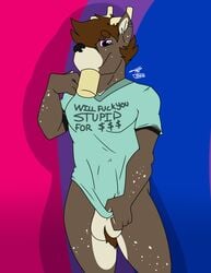 2019 absurd_res anthro antlers ball_tuft balls beverage bottomless cervid clothed clothing cup digital_media_(artwork) ear_piercing erection fur hair hi_res holding_object horn looking_at_viewer male male_only mammal muscular muscular_male penis piercing purple_eyes shirt simple_background smile solo sylvane sylvanedadeer tattoo text topwear tuft