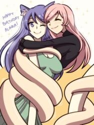 2girls closed_eyes elastic elastic_arms elastic_body hugging light-skinned_female one_eye_closed pantsudesu pink_hair purple_eyes purple_hair saki_(pantsudesu) smile stretchy wrapped_around_another