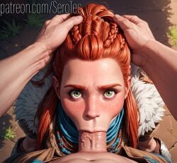 1female 1girls 2d ai_generated aloy blowjob deepthroat detailed_female female freckles girl grabbing_head green_eyes hands_on_head hi_res high_resolution highres horizon_forbidden_west horizon_zero_dawn oral pony_diffusion_xltasy pov red_hair red_hair serotec