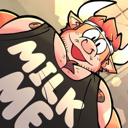 1male bull daddy ear_piercing furry gay headband highres janjauwu low-angle_view pec_pov_meme tank_top tongue_out unknown_source