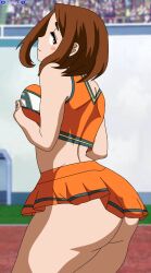 1girls alternate_version_available ass ass_peek boku_no_hero_academia bottomless breast_squeeze breast_squish brown_hair butt_focus cheerleader cheerleader_uniform darkuro_27 female looking_back my_hero_academia ochako_uraraka sideboob skirt solo thick_thighs underass