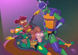 1girls 2boys afro_puffs anal april_o'neil april_o'neil_(rise_of_the_tmnt) balls big_balls big_penis breasts brothers dark-skinned_female dark_skin donatello double_anal double_penetration female glasses hi_res huge_cock human interspecies licking_breast michelangelo penis pussy reptile rise_of_the_teenage_mutant_ninja_turtles scalie teenage_mutant_ninja_turtles threesome turk128 turtle