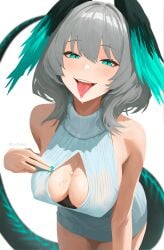 areola_slip arknights covered_nipples forked_tongue grey_hair head_wings ho'olheyak_(arknights) leaning_forward ljedamos paizuri_invitation saliva saliva_on_breasts tail tongue_out virgin_killer_sweater