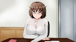 1girls azienda bra_visible_through_clothes breasts brown_hair brunette_hair collared_shirt female glasses green_eyes hands_crossed hands_under_breasts open_shirt see-through shirt smile smiling smiling_at_viewer sophie_page