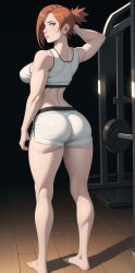 ai_generated angry annoyed artist_name artist_request big_ass conniexx fit_female gym gym_uniform medium_breasts naruto_(series) red_hair shorts slim_thick sports_bra stable_diffusion sweat sweating temari thick_thighs white_shorts