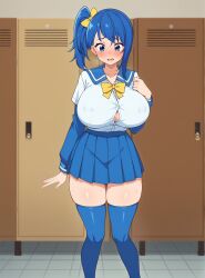 ai_generated bangs blue_hair embarrassed hairbow locker_room nipple_bulge nipple_piercing precure school_uniform side_ponytail skindentation skirt sora_harewataru thighhighs wardrobe_malfunction