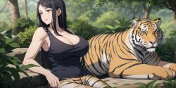 1girls ai_generated black_hair black_shirt busty cleavage female hi_res highres jungle long_hair looking_sideways milf orange_eyes original_character outdoors pixai sitting smile solo tank_top tiger tiger_pants